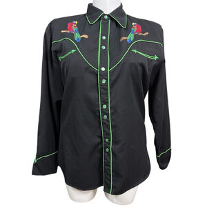 Vintage Scully Women’s Western Shirt Parrot Embroidery Black Green Medium